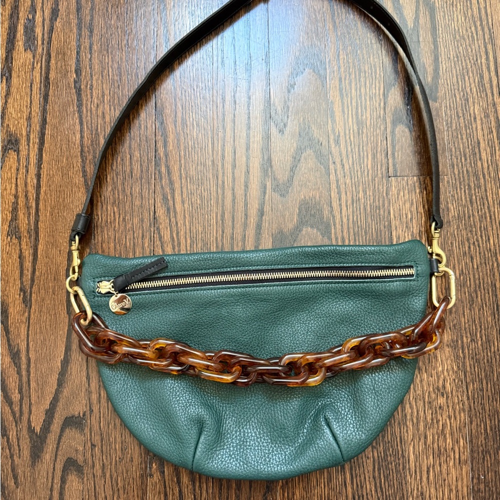 Clare V Dark Green Leather Shoulder Bag with Tortoiseshell Chain Accent